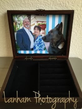 Jewelry Box with picture of couple and dog in it, can find at Walmart and amazon 