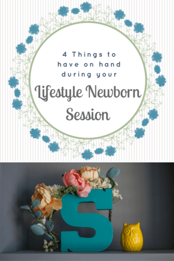 lifestyle newborn session overlaid on teal S with flowers on it and a yellow owl next to it   
