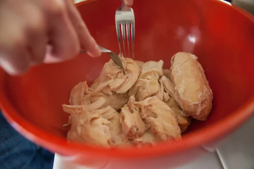 Chicken in red bowl being shredded with forks 