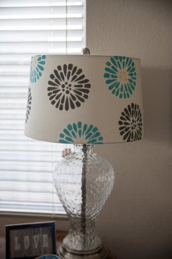 DIY Lampshade After of painted grey blue and yellow flowered stencil pattern on lampshade