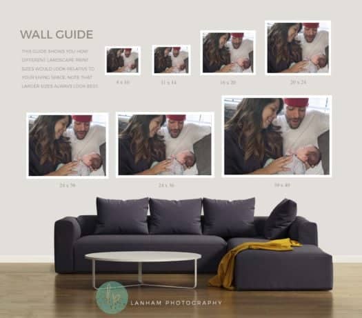 Living Room Wall Guide Landscape of a family of three and a dark grey couch and a coffee table