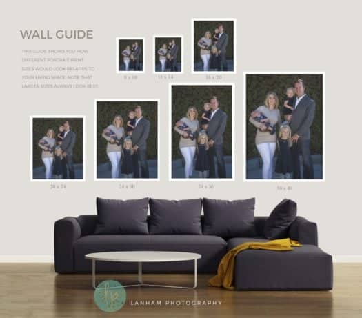 Living Room Wall Guide Portrait of a family of four and a dark grey couch and coffee table