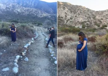 Behind the Scenes of before and after photoshoot of pregnant woman outdoors