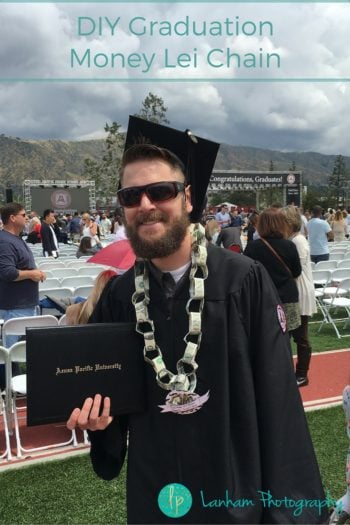 DIY Graduation Money Lei Chain around man wearing graduation gown 