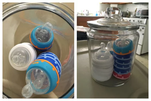 Bottle Storage Solutions- baby bottle nipples in glass container
