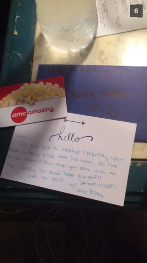 Open When you're settled in letter and AMC theater gift card