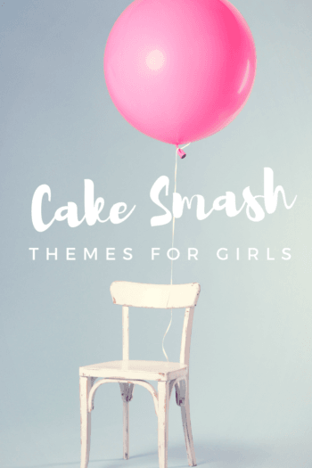Cake smash themes for girls with Pink  balloon attached to white chair 