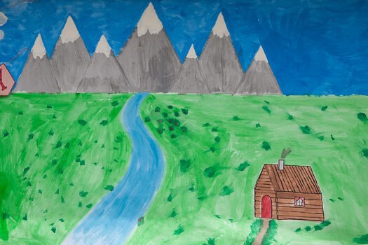 Handmade drawing of blue sky, mountains, road, grass, and house 