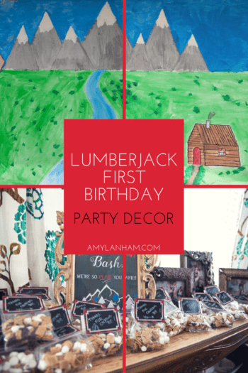 Lumberjack first birthday party decor and Handmade drawing of house, road and mountains and picture of gift baskets 