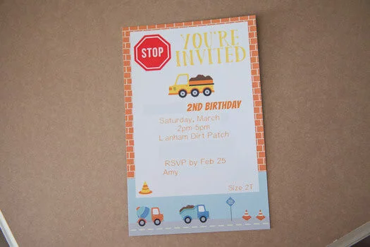 construction birthday party invitation with stop sign and tractor decorated
