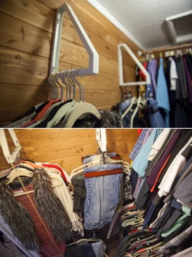 DIY Closet Organization. Shelf brackets as pant hangers.
