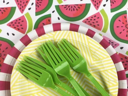 Watermelon pattern table cover with plate and green plastic forks 