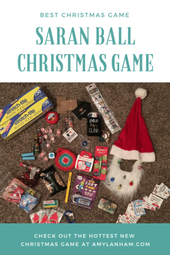 Saran Ball Christmas Game overlaid by various Christmas prizes