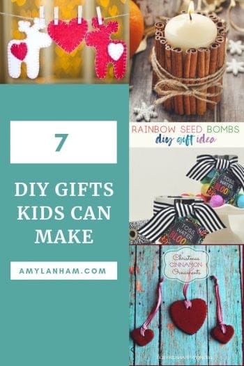 DIY gifts kids can make overlaid by pictures of reindeer hearts rainbow seed bombs 
amylanham.com