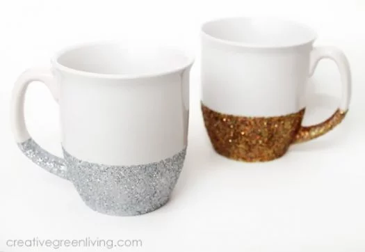 2 white coffee mugs one with silver glitter on the bottom half of mug and the other with gold glitter on bottom half of mug  creativegreenliving.com