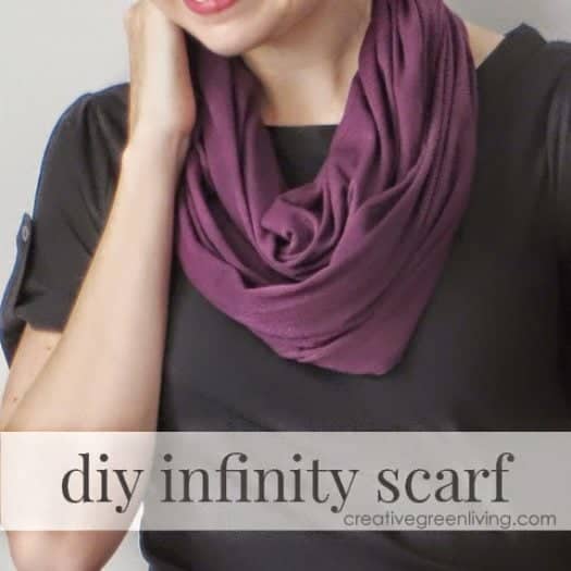 DIY Infinity Scarf creativegreenliving.com overlaid on a a woman wearing a black shirt and a purple infinity scarf around her neck