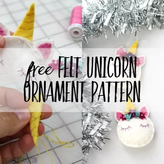 Free felt unicorn ornament pattern overlaid on pictures of felt unicorn face with ears and unicorn horn and a flower crown and fingers sewing unicorn horn