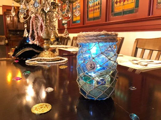pirate bridal shower table decorations, fish net mason jar centerpieces