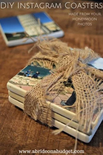 DIY Instagram Coasters Made From Your Honeymoon Photos Coasters with pictures of leaning tower of pisa 
3 other coasters stacked and tied with burlap string
www.abrideonabudget.com