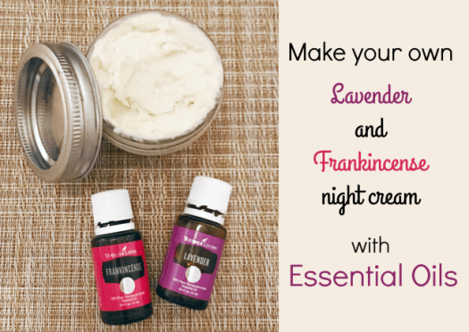 Make your own lavender and Frankincense night cream with essential oils overlaid by lavender night cream with essential oils