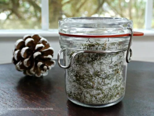pine bath salts in mason jar and pine cone