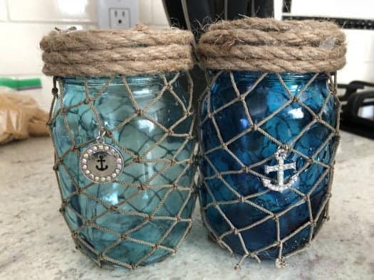 Finished Netted blue tinted mason jars
