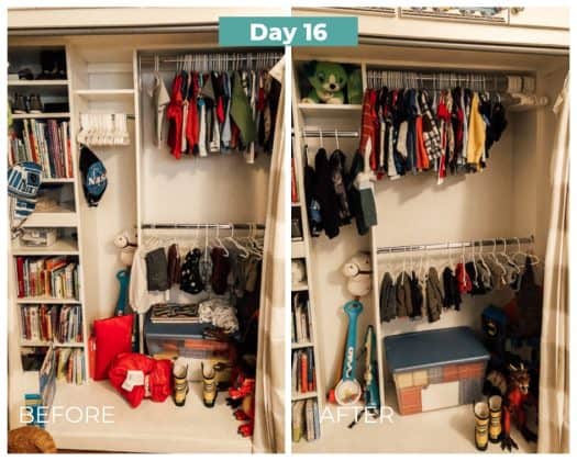 Closet before and after decluttering day 16