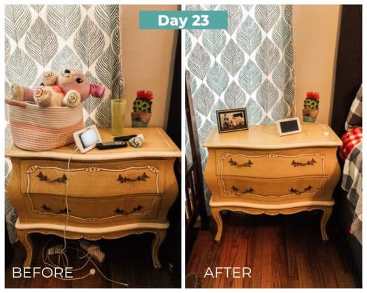 night stand table before and after decluttering day 23