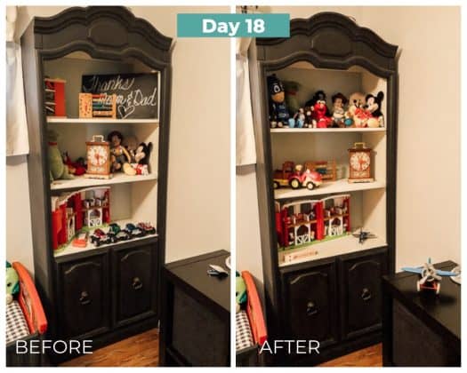 kids toy shelves before and after decluttering  day 18