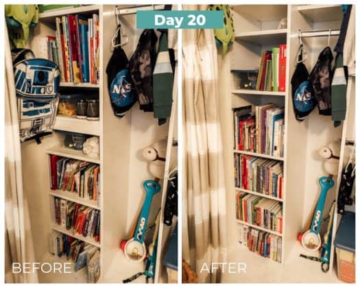 kids book shelves before and after decluttering day 20