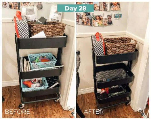 moving cart before and after decluttering day 28