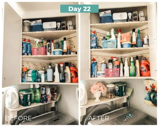 laundry room shelves before and after decluttering day 22