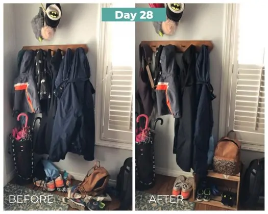 jacket and umbrella stand before and after decluttering day 28