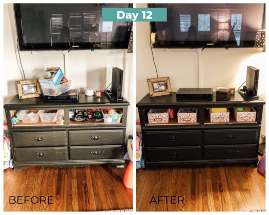 before and after cleaning and decluttering the entertainment center day 12 