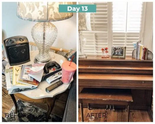 before and after cleaning end tables and piano day 13