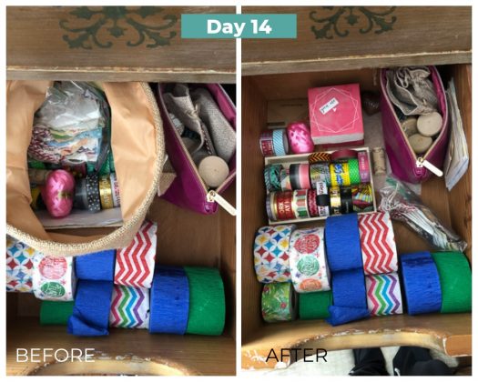 cleaning and organizing drawers before and after day 14