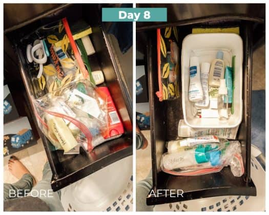 cleaning out bathroom drawers before and after day 8