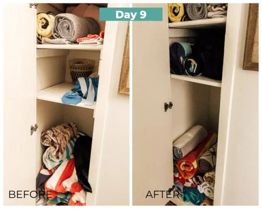 before and after decluttering linen closet day 9