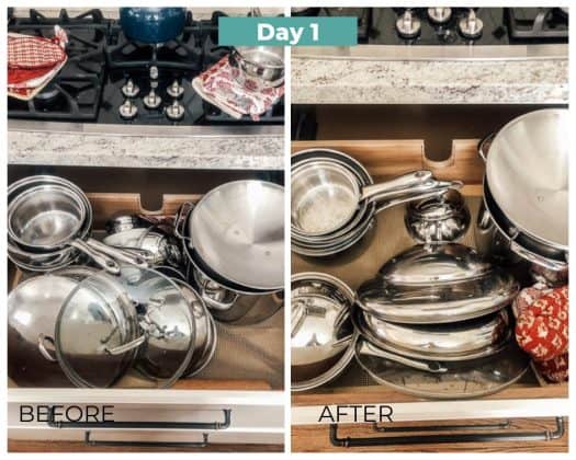 kitchen pots and pans cabinet before and after decluttering day 1