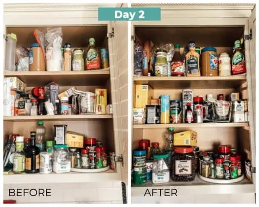 spice cabinet before and after decluttering day 2