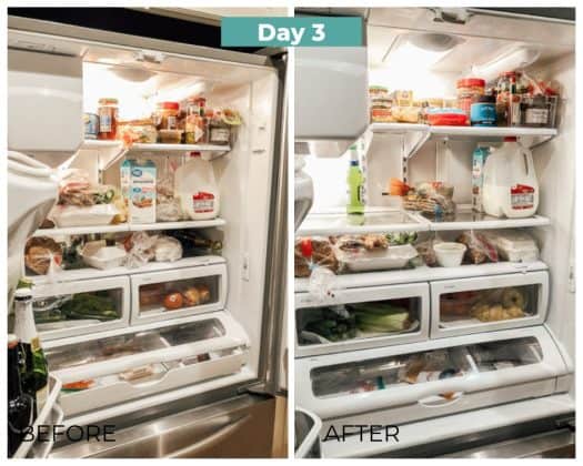 refrigerator before and after cleaning out and decluttering day 3 