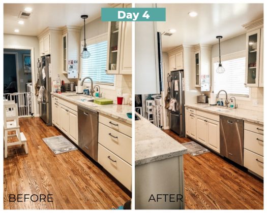 before and after cleaning and decluttering the kitchen counters day 4
