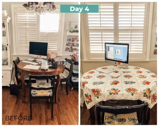 before and after cleaning and decluttering the kitchen table day 4