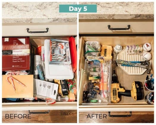 before and after cleaning out and decluttering the junk drawer Day 5
