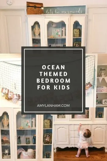 Ocean Themed Bedroom for Kids, hutch with let's be mermaid on top and a pirate chest