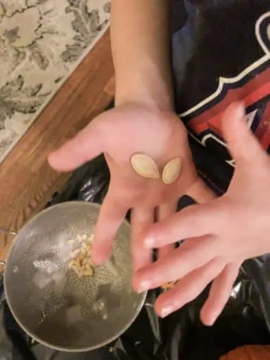toddler holding two pumpkin seeds