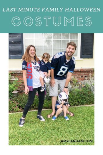Last Minute Family Halloween Costumes pin - family in matching tennessee titans shirts
