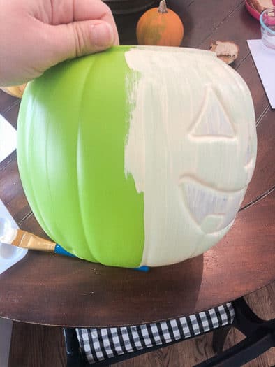 A hand holding a plastic pumpkin, half is green and half has been painted white