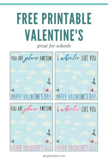 Free printable valentine's. Great for schools. "You are plane awesome". "I wheelie like you". In blue and pink. 