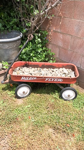 Red radio flyer wagon holding rocks